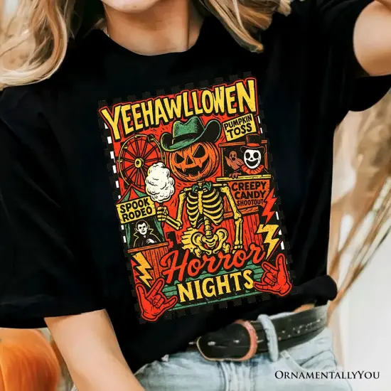 Yee Haw Halloween Retro Pumpkin Skeleton T-Shirt, Spooky Country Western Tee for Fall {6}