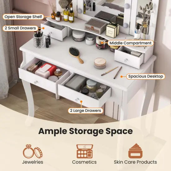 Costway Makeup Vanity Set with Tri-Fold Mirror & LED Lights 4 Drawers Open Shelf White/Black {6}