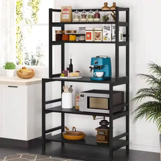 Black Metal and Wood Bakers Rack with 5 Shelves, Large Countertop and Adjustable Levelers {2}