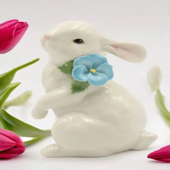 Ceramic White Rabbit with Blue Pansy Flower Figurine, Home D&eacute;cor, Gift for Her, Gift for Mom, Kitchen D&eacute;cor, Spring D&eacute;cor, Easter D&eacute;cor {3}