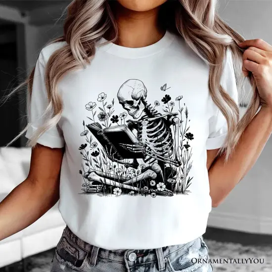 Gothic Reading Skeleton T-Shirt, Floral Halloween Tee for Spooky Bookworms {5}