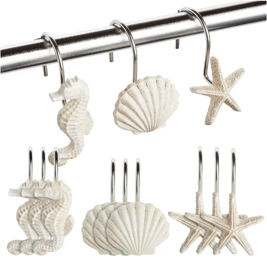 12-Pack of Beach-Themed Shower Curtain Stainless Steel Hooks, Decorative Seashell Coastal Shower Hooks for Bathroom Decor with Seahorses, Starfish, and Seashells White {1}