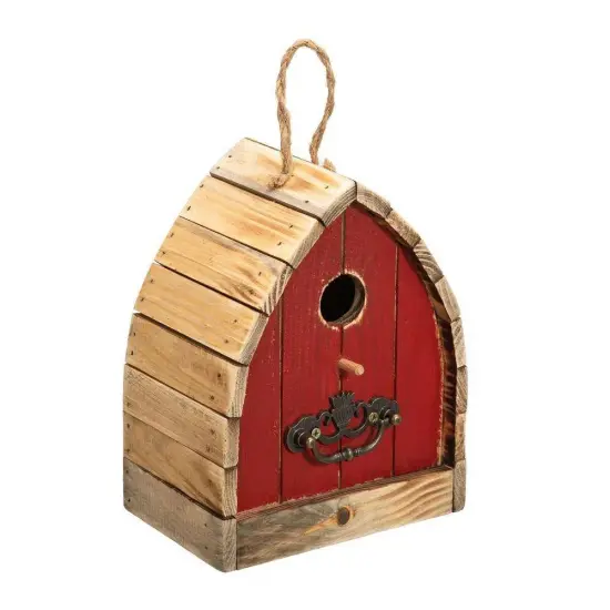 Washed Red Iron and Solid Wood Vintage Hanging Birdhouse with Metal Roof {1}