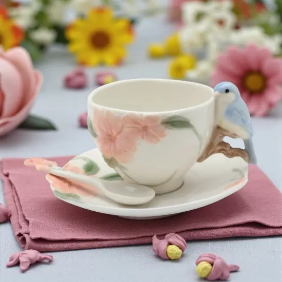 Ceramic Flower with Bluebird Cup and Saucer and Spoon-2 Sets, Gift for Mom, Gift for Friend or Coworker, Tea Party D&eacute;cor, Caf&eacute; Decor {1}