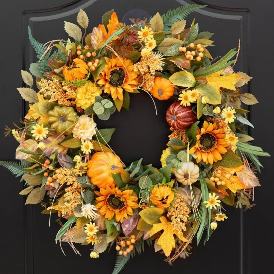 24 Inch Fall Wreaths with Sunflowers, Pumpkins, and Leaves {1}