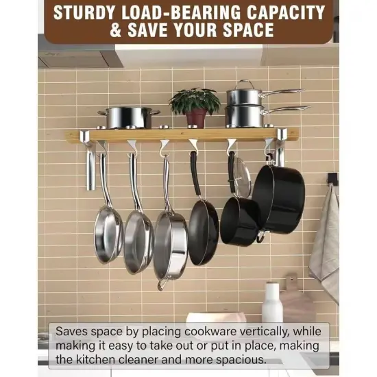 36-Inch Wall-Mounted Metal Wood Pot Rack with 6 Adjustable Hooks {3}