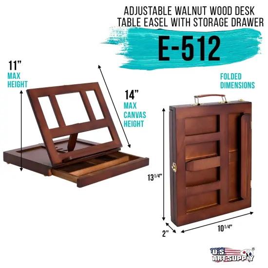Walnut Adjustable Wooden Art Easel: Portable Tabletop Easel with Storage 3-Drawers & Paint Palette - Beechwood Table Top Easels for Painting, Canvas, Artist Stand & Drawing Board {2}