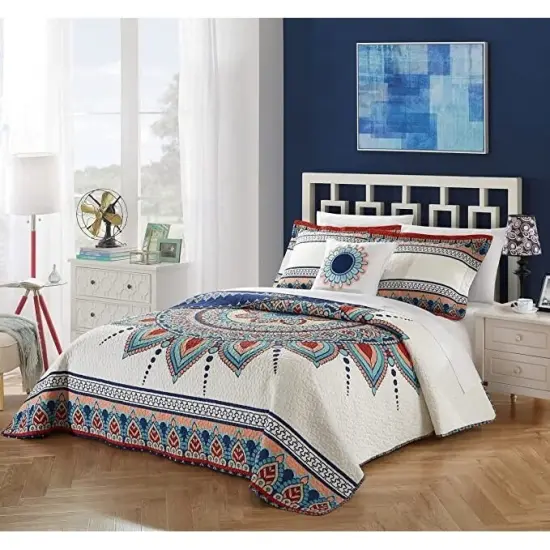 Boho Reversible Cotton Quilt Set Queen Size Blue White 4 Piece {1}