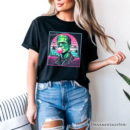 Vaperwave Frankenstein Retro Neon Horror T-Shirt, Synthwave 80's Styled Classic Halloween Tee {5}