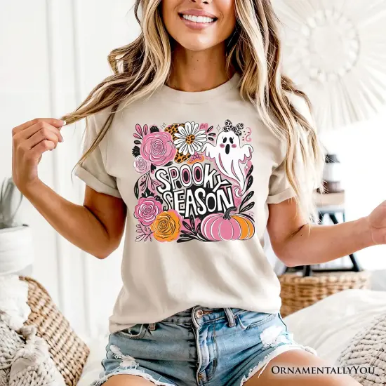 Boho Spooky Season Ghost T-Shirt, Cute Halloween Tee with Fall Pumpkins {2}