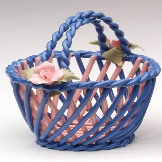 Ceramic Small Woven Blue Basket with Pink Rose Flowers, Home D&eacute;cor, Gift for Her, Gift for Mom, Nature Lover Gift {3}