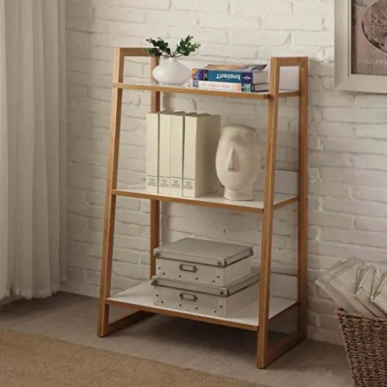 Modern 3-Tier White Natural Bookcase with Solid Wicker Frame for Books and Decorative Storage {1}