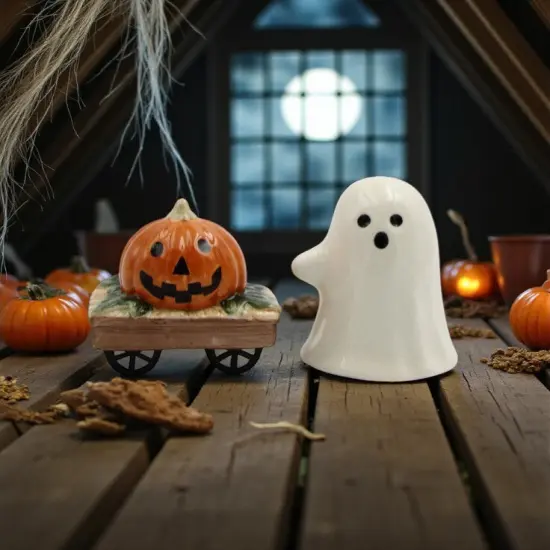 Ceramic Casper the Ghost And Pumpkin Wagon Halloween Salt And Pepper Shakers, Gift for Her or Mom, Kitchen D&eacute;cor, Fall D&eacute;cor {1}