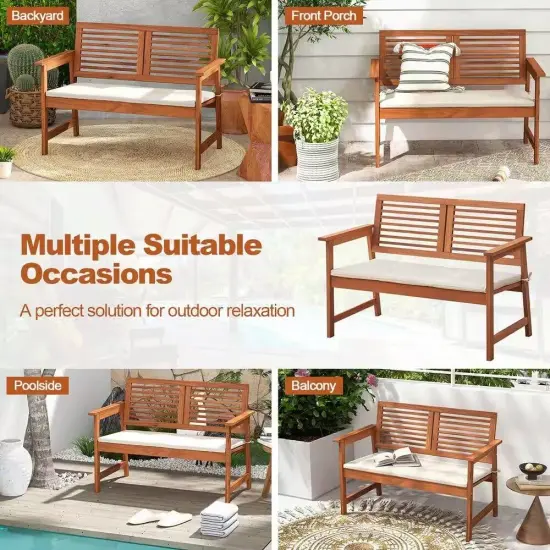 Outdoor Solid Wood Garden Bench with Armrests and Seat Cushion {3}