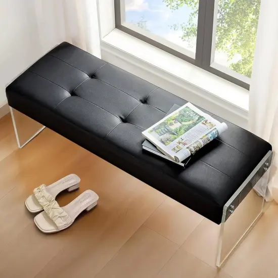 Upholstered Storage Bench Black Faux Leather with Clear Legs {2}