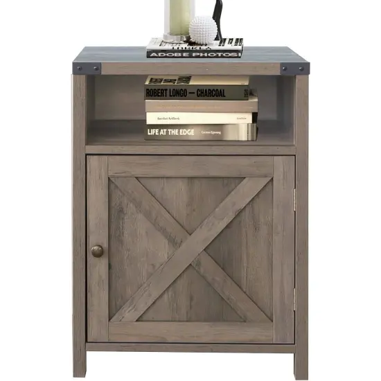 Farmhouse Style End Table Barn Door Nightstand with Open Shelf Rustic Oak Wood Texture {1}