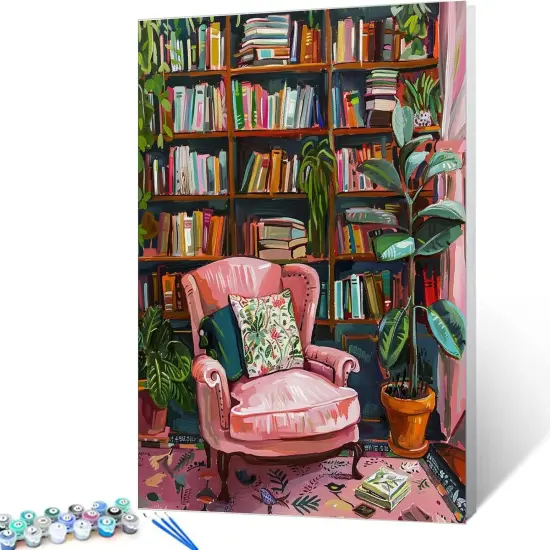 Bookshelf Book Theme Pink Library Paint by Numbers Kits for Adult - 16''W x 20''H {1}