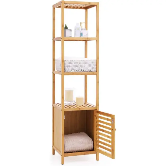 Slim 3-Shelf Bamboo Wood Bookcase Shelving Unit with Bottom Storage Cabinet {1}