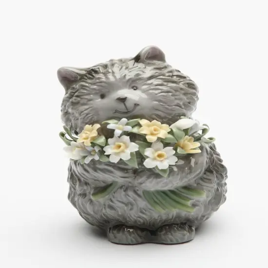Ceramic Grey Cat with Flowers Figurine, Cat Lover Gift, Gift for Her, Gift for Mom, Home Decor {3}