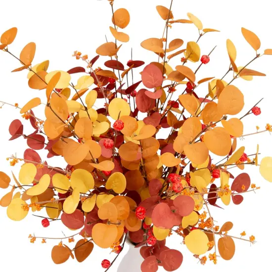 6 Pcs Aritificial Fall Eucalyptus Stems - Mixed Leaves With Berries {4}