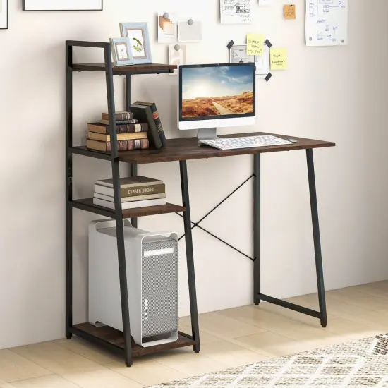 Costway Computer Desk with Shelves Study Writing Desk Workstation with Bookshelf Natural\Brown {5}
