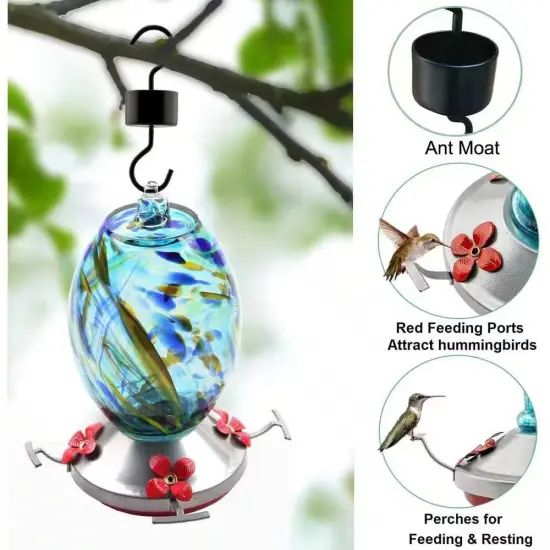 Blue Blown Glass Hummingbird Feeder with 4 Ports, Perch and Hanging Hook {4}