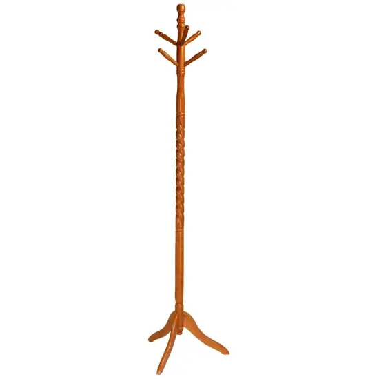 Oak Wood Twist Coat Rack with Swivel Hooks and Two-Tier Peg Design {1}