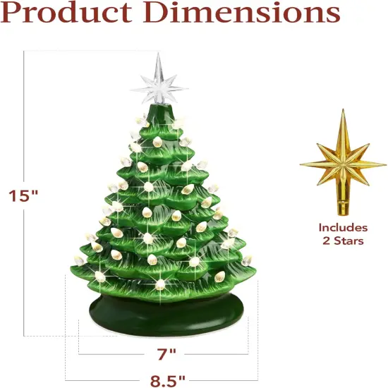 15in Ceramic Christmas Tree Pre-Lit Tabletop Holiday Tree with Star Topper and Multicolored Bulbs Green W {12}