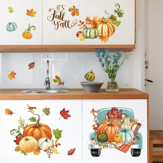 Fall Thanksgiving Pumpkin Wall Stickers Autumn Leaves Truck Peel {3}