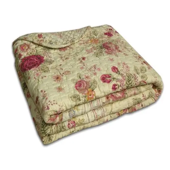 Floral Roses Cotton Quilt Throw Blanket Red Pink Gold Ecru {2}