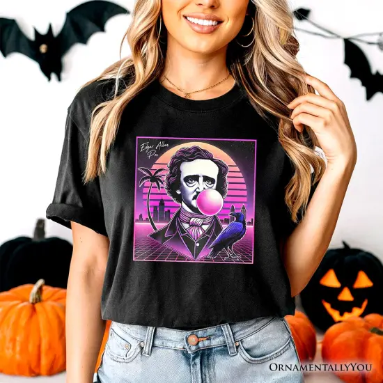 Synthwave 80's Styled Edgar Allan Poe Horror T-Shirt, Vaperwave Classic Retro Neon Halloween Tee {2}