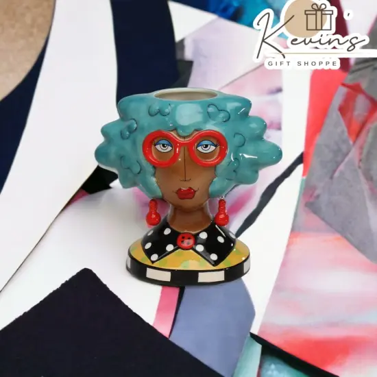 Ceramic African American Lady with Blue Hair Makeup Brush, Utensil Holder, Home Décor, Gift for Her, Mom, Friend, or Coworker, Vanity Décor {1}