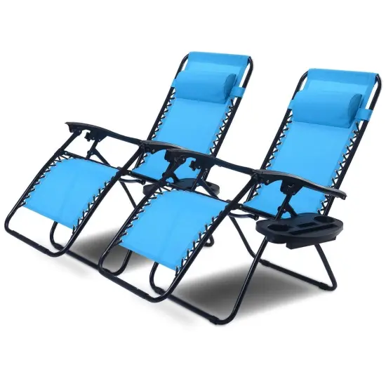 Set of 2 Folding Zero Gravity Recliner Chairs with Cup Holder Tray and Headrest for Patio or Lawn Blue {1}