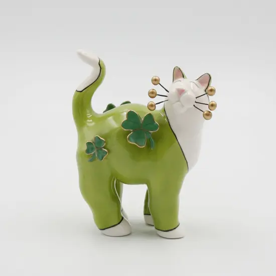 Ceramic Green Cat with Shamrocks and Golden Bead Whiskers Figurine, Home Décor, Gift for Her, Gift for Mom, Irish Saint Patrick’s Day Décor {3}