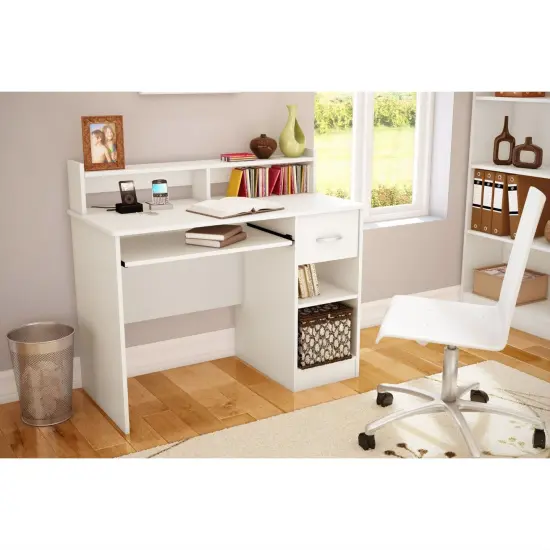 White Wood Contemporary Home Office Computer Desk with Hutch and Storage Drawer {2}