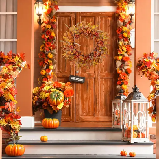 22 Inch Artificial Fall Autumn Wreath with Eucalyptus Leaves {5}