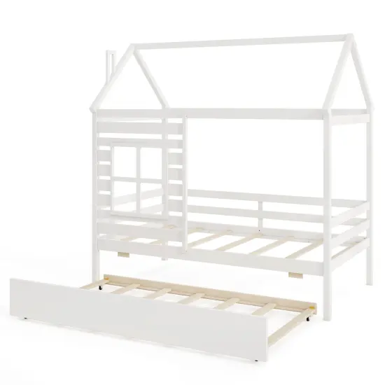 Solid Wood House Bed with Trundle, Guardrails and Customizable Design Grey {8}