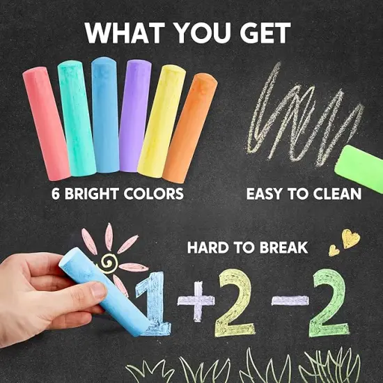 24 PCS Washable Sidewalk Chalks Set Non-Toxic Jumbo Chalk for Schools, Outdoor Art Play, Paint on Chalkboard, Blackboard and Playground (6 Colors)) {2}