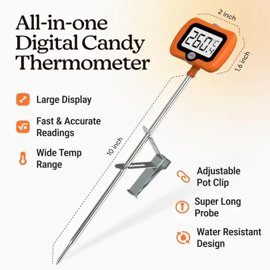 Digital Candy Thermometer with Pot Clip, Instant Read Kitchen Thermometer for Cooking, Baking, and Candy Making &ndash; 10" Stainless Steel Probe, LCD Display, Essential Baking Tool (Orange) {2}