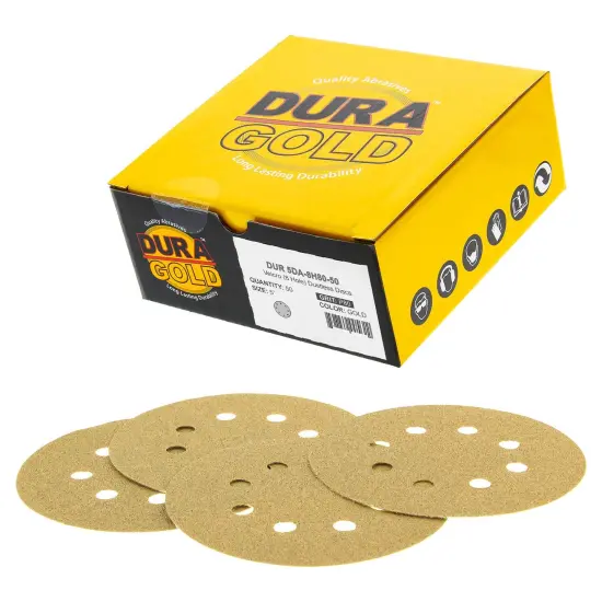 80 Grit - 5" Gold DA Sanding Discs - 8-Hole Pattern Hook and Loop - Box of 50 {1}