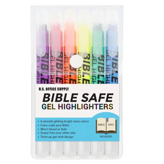 U.S. Office Supply Bible Safe Highlighter Set of 6 Bright Flouresent Colors, Dry Bible Highlighters No Bleed, Fade or Smear, Safe Gel Markers, Accessories, Study Guide {1}
