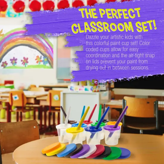 10 Piece Children's No Spill Paint Cups with Colored Lids and 10 Piece Large Round Brush Set with Plastic Handles {4}