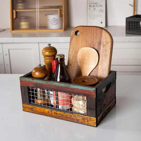 Set of 3 Rustic Wood Nesting Crates, Farmhouse Distressed Wooden Storage Boxes, Decorative Reclaimed Wood Organizer Baskets with Wire Mesh {4}