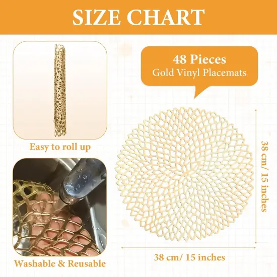 48 Packs Gold Round Placemats 15 Inch Hollow Out Pressed Vinyl Place Mats Bulk, Non Slip Washable PVC Chargers Place Mat for Christmas Dining Wedding Holiday Party Home Kitchen Dinner Table {2}