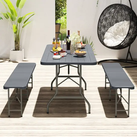 6 Feet Wood Grain HDPE Folding Table with Safety Lock and Metal Legs Perfect for Outdoor Use Grey {2}