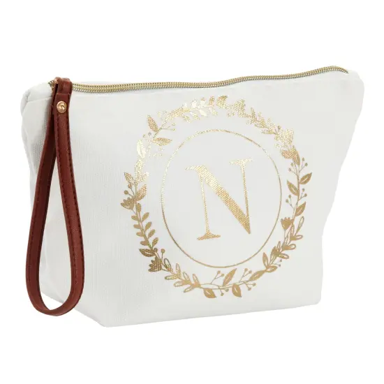 Gold Initial N Personalized Makeup Bag for Women, Monogrammed Canvas Cosmetic Pouch (White, 10 x 3 x 6 In) {1}