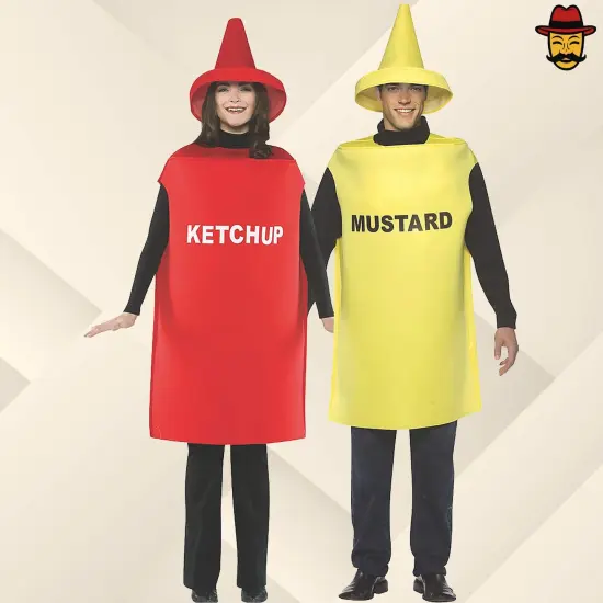 Ketchup and Mustard Couples Costume Set Halloween Food Tunics Hats Funny Party Outfit {1}