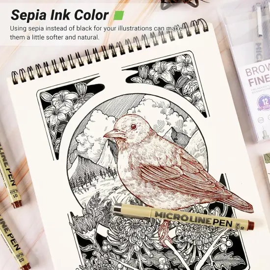 Sepia Micro Pen Set, 12 Assorted Sizes Fineliner Ink Art Drawing Pens, Water-Resistant Archival Ink Multiliner Pens for Illustration Technical Sketching Manga Scrapbooking Journaling Zentangle {3}