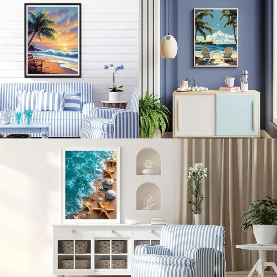 Beach Diamond Painting Kits for Adults-3 Pack Diamond Art Kits for Adults,Round 5D Seaside Landscape Gem Art Kit for Adult DIY Crafts Kit Gift Home Wall Decor Gifts {3}