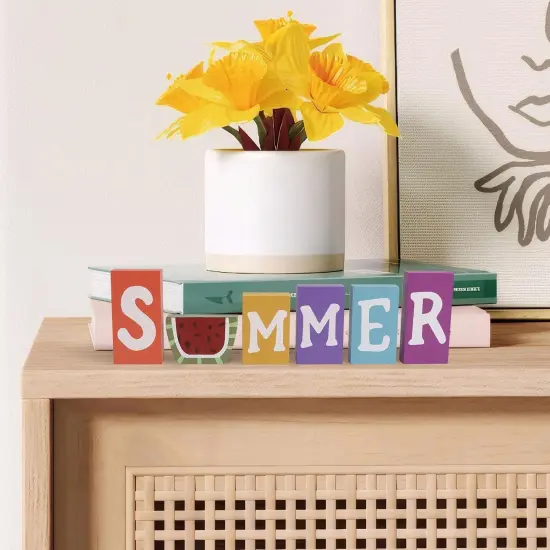 Summer Signs For Home Decor, 6 Pieces Wooden Summer Letter Blocks, Indoor Table Shelf Mantel Tiered Tray Decoration {3}